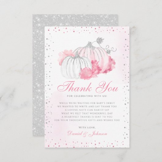 かわいい秋のピンクカボチャ秋フローラベビーシャワー サンキューカード (正面/裏面)