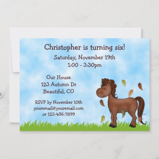 かわいい秋のポニーとカート秋馬誕生日 招待状 (裏面)