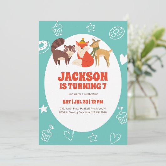 かわいい秋の動物キツネディアルーン子供の誕生日 招待状 (スタンド正面)