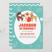 かわいい秋の動物キツネディアルーン子供の誕生日 招待状 (正面/裏面)