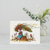 かわいい秋の女の子 箔シーズンポストカード (立ち正面)