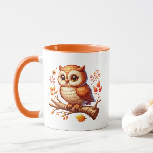かわいい秋の季節のフクロウのモノグラム マグカップ (ドーナツ)