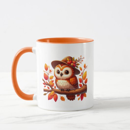 かわいい秋の季節のフクロウのモノグラム マグカップ (左)