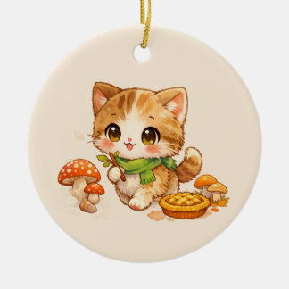 かわいい秋の森の子猫 あたたかな落ち葉の森のネコ セラミックオーナメント