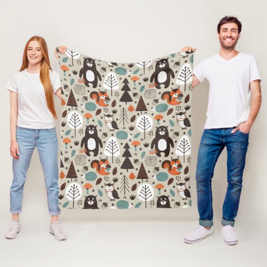 かわいい秋の森林動物パターン フリースブランケット (インサイチュ)