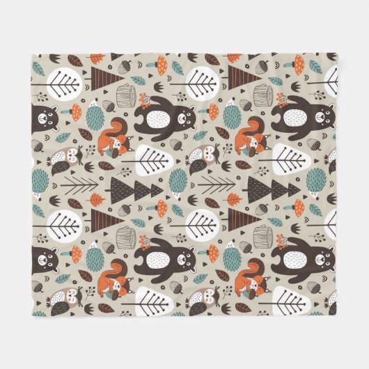 かわいい秋の森林動物パターン フリースブランケット (正面(横))