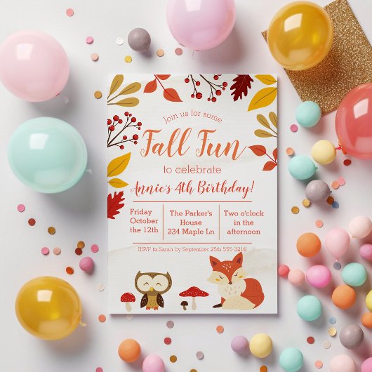 かわいい秋の楽しい森の動物たちの子供の誕生日 招待状