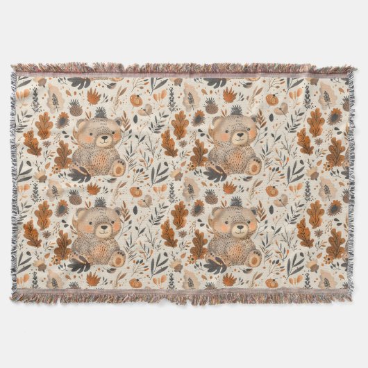 かわいい秋の熊と森の葉柄 スローブランケット (正面)