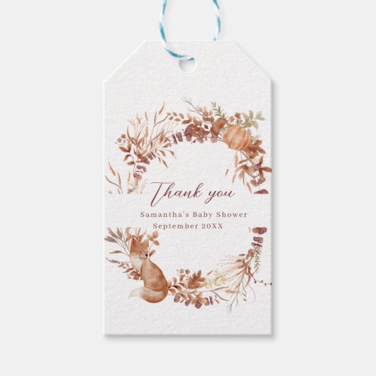 かわいい秋の狐とカボチャのベイビーシャワー ありがとう ギフトタグ (正面)
