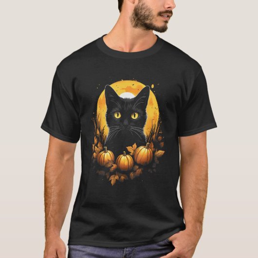 かわいい秋の猫 - 猫の顔の満月パンプキン Tシャツ (正面)