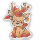 かわいい秋の鹿メガネ葉きのこ シール (正面)