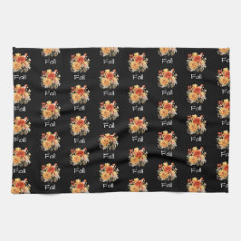 かわいい秋をテーマにした模様 | フローラ秋ブラック キッチンタオル