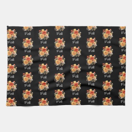 かわいい秋をテーマにした模様 | フローラ秋ブラック キッチンタオル (横)