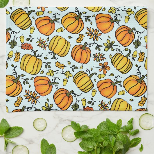 かわいい秋カボチャのボーダーハッピーサンクスギビング キッチンタオル (折り畳み)