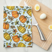 かわいい秋カボチャのボーダーハッピーサンクスギビング キッチンタオル (四つ折り)