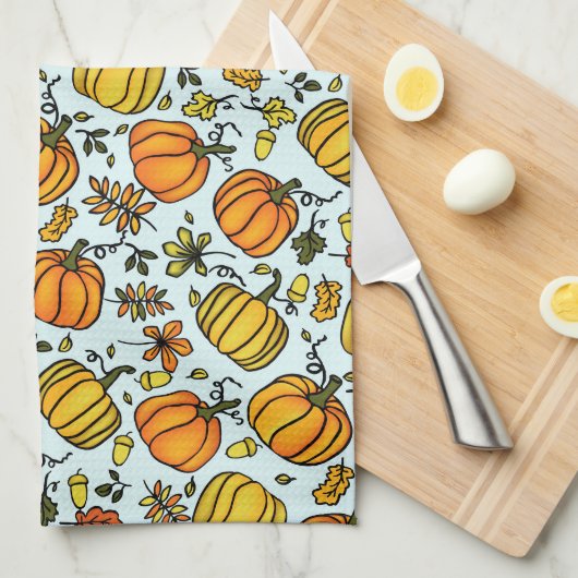 かわいい秋カボチャのボーダーハッピーサンクスギビング キッチンタオル (四つ折り)