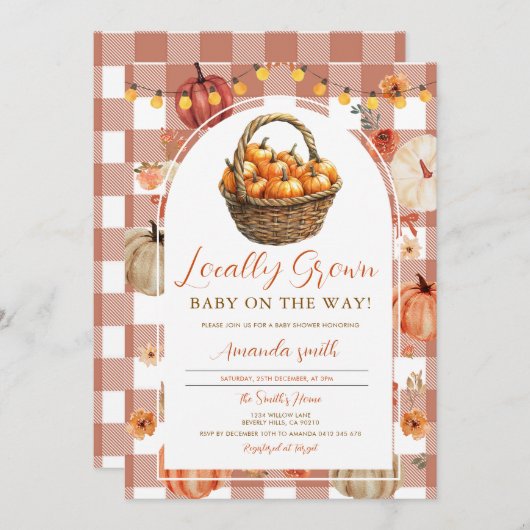 かわいい秋カボチャ地元で育った市場の赤ちゃんシャワー 招待状 (正面/裏面)