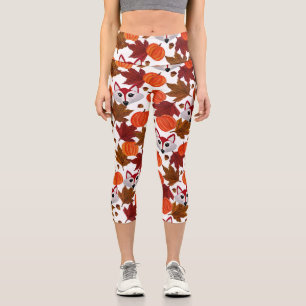 かわいい秋キツネカボチャacornメープルリーフウォーターカラー カプリレギンス