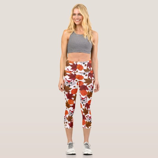 かわいい秋キツネカボチャacornメープルリーフウォーターカラー カプリレギンス (正面)