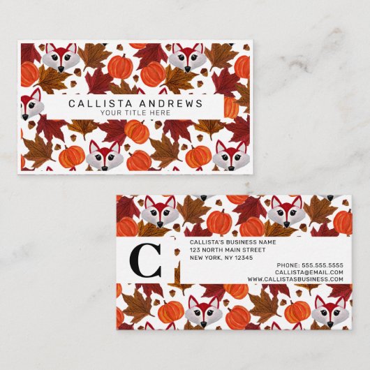 かわいい秋キツネカボチャacornメープルリーフウォーターカラー 名刺 (正面/裏面)
