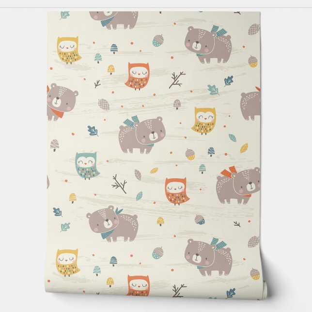かわいい秋クマとフクロウズオンクリーム 壁紙 (ほどく)
