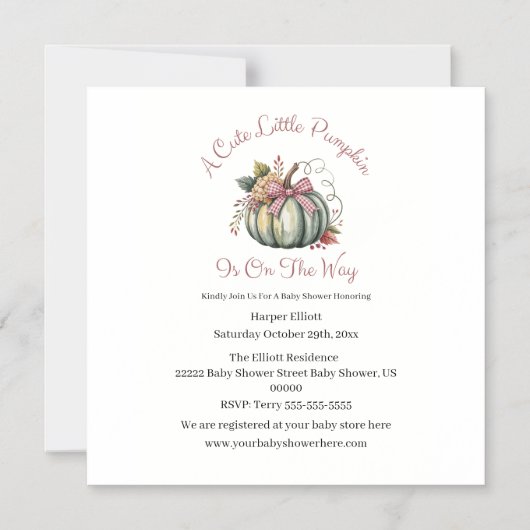 かわいい秋グリーン&プラムカボチャをテーマにした赤ちゃんシャワー マグネット招待状 (正面)