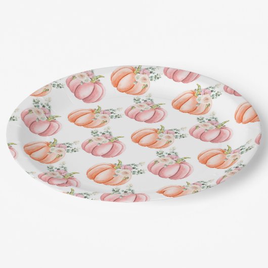 かわいい秋ソフトピンクとオレンジのフローラカボチャ ペーパープレート (アングル)