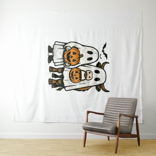 かわいい秋ハイランドカウウ幽霊ハロウィン タペストリー (インサイチュ(横))