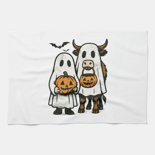 かわいい秋ハイランドカウゴーストハロウィン2 キッチンタオル (横)