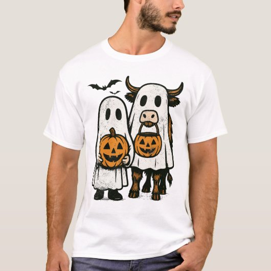 かわいい秋ハイランドカウ幽霊ハロウィン2 Tシャツ (正面)