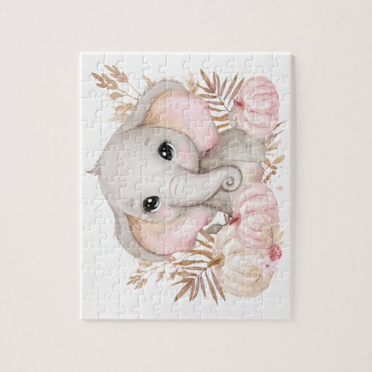 かわいい秋ピンクゾウとカボチャ ジグソーパズル (縦)