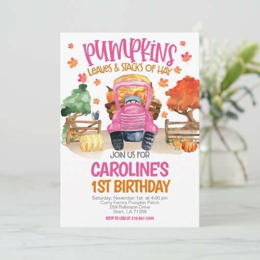 かわいい秋ピンクパンプキンガールズ誕生日 招待状 (スタンド正面)