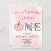 かわいい秋ピンク金ゴールドリトルカボチャ1歳 招待状 (正面)