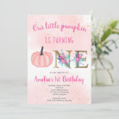 かわいい秋ピンク金ゴールドリトルカボチャ1歳 招待状 (スタンド正面)