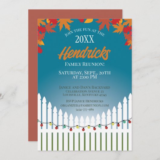 かわいい秋ファミリー懇親会ピケ飾ットフェンス 招待状 (正面/裏面)