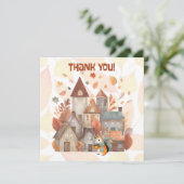 かわいい秋フクロウ/リス男の子誕生日招待状 サンキューカード (スタンド正面)