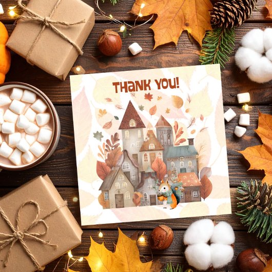 かわいい秋フクロウ/リス男の子誕生日招待状 サンキューカード