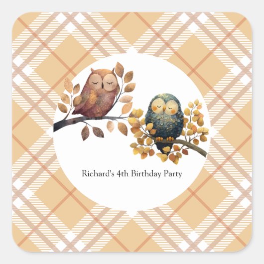 かわいい秋フクロウ&リス男の子誕生日 スクエアシール (正面)