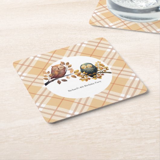 かわいい秋フクロウ&リス男の子誕生日 スクエアペーパーコースター (アングル)
