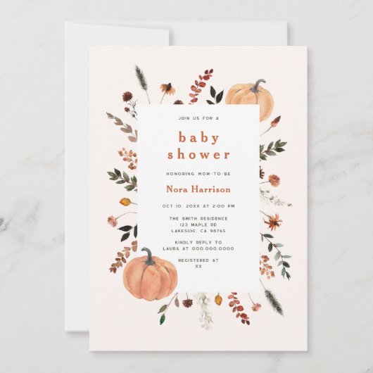 かわいい秋フローラフレームパンプキンベビーシャワー 招待状 (正面)