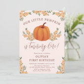 かわいい秋フローラリトルカボチャ女の子1st誕生日 招待状 (スタンド正面)