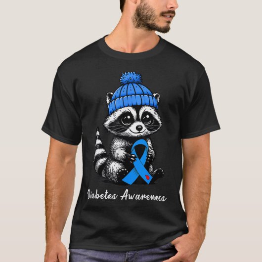 かわいい秋ラクーンとブルーリボン糖尿病アワレ Tシャツ (正面)
