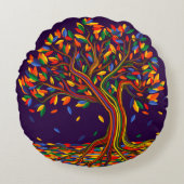かわいい秋レインボーツリーパープルオータムンサンクスギビング ラウンドクッション (正面)