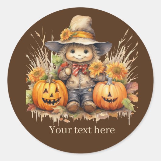 かわいい秋季節のかかしを追加文字かぼちゃ ラウンドシール (正面)