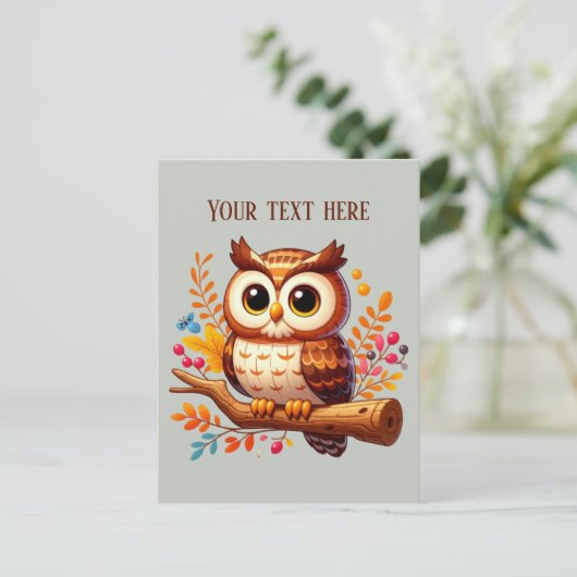 かわいい秋季節のフクロウ追加文字 ポストカード (スタンド正面)