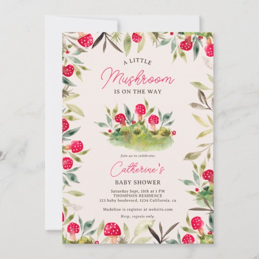 かわいい秋水色の小さなキノコの赤ちゃんシャワー 招待状 (正面)