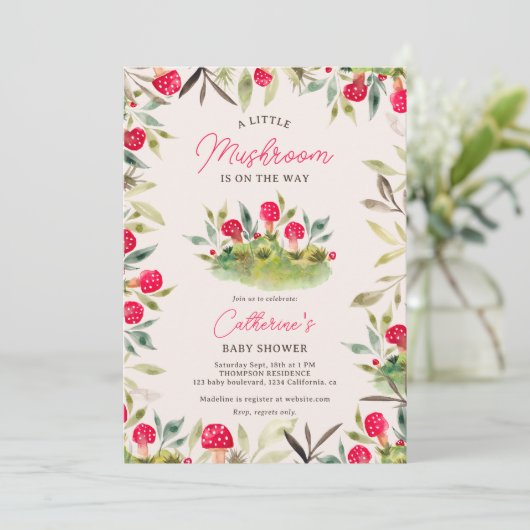 かわいい秋水色の小さなキノコの赤ちゃんシャワー 招待状 (スタンド正面)