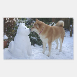 かわいい秋田キスをする雪だるま秋田犬の写真 長方形シール