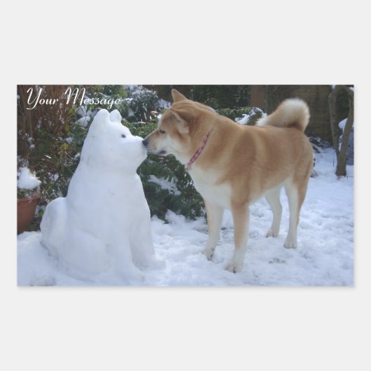 かわいい秋田キスをする雪だるま秋田犬の写真 長方形シール (正面)