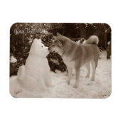 かわいい秋田雪だるまキスをするの雪犬の写真 マグネット (横)